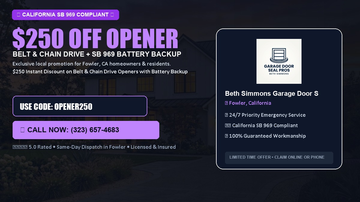 $250 OFF Smart Garage Door Opener Installation (Belt & Chain Drive with California SB 969 Battery Backup) in Fowler, CA